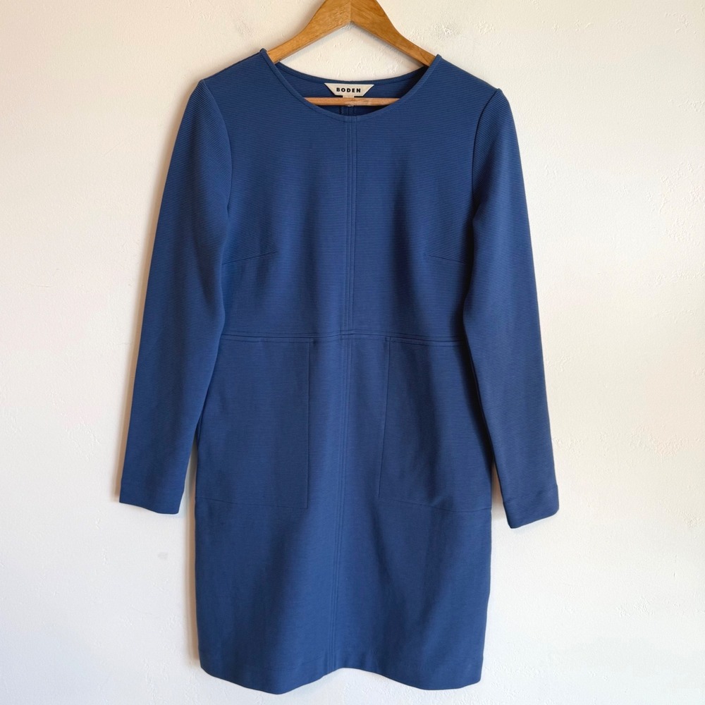 Boden Cornelia Ottoman Dress 6 Blue Long Sleeve Shift Pockets Mod Preppy Office